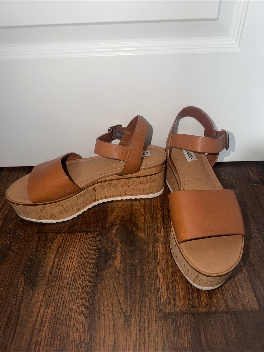Steve Madden Cognac Leather Cork Platform Sandals
